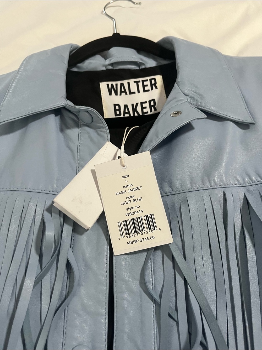 Walter Baker Powder Blue Fringe Leather Jacket - Picture 2 of 3